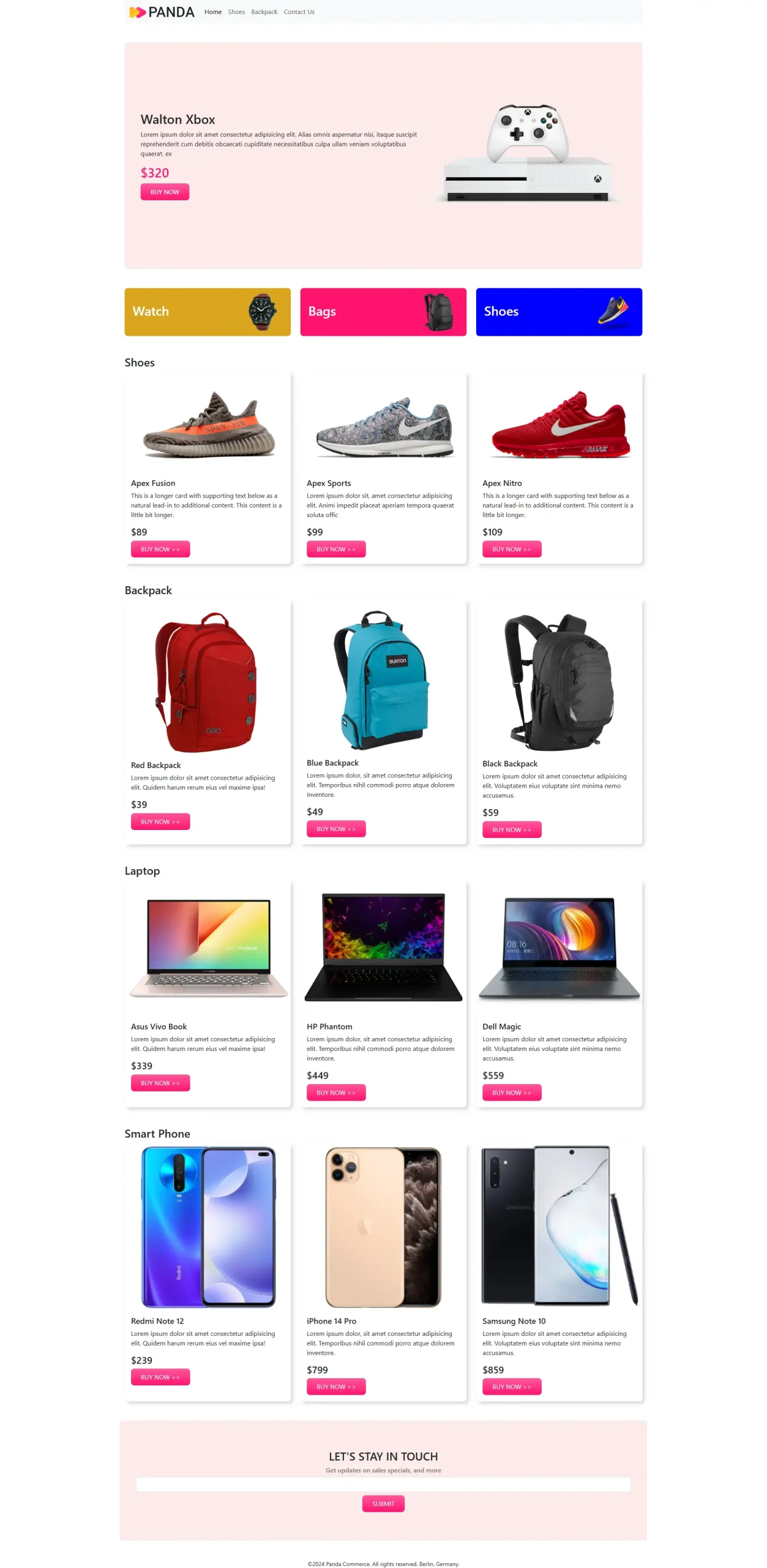 Screenshot of PANDA eCommerce website homepage featuring product categories like shoes, backpacks, laptops, and smartphones