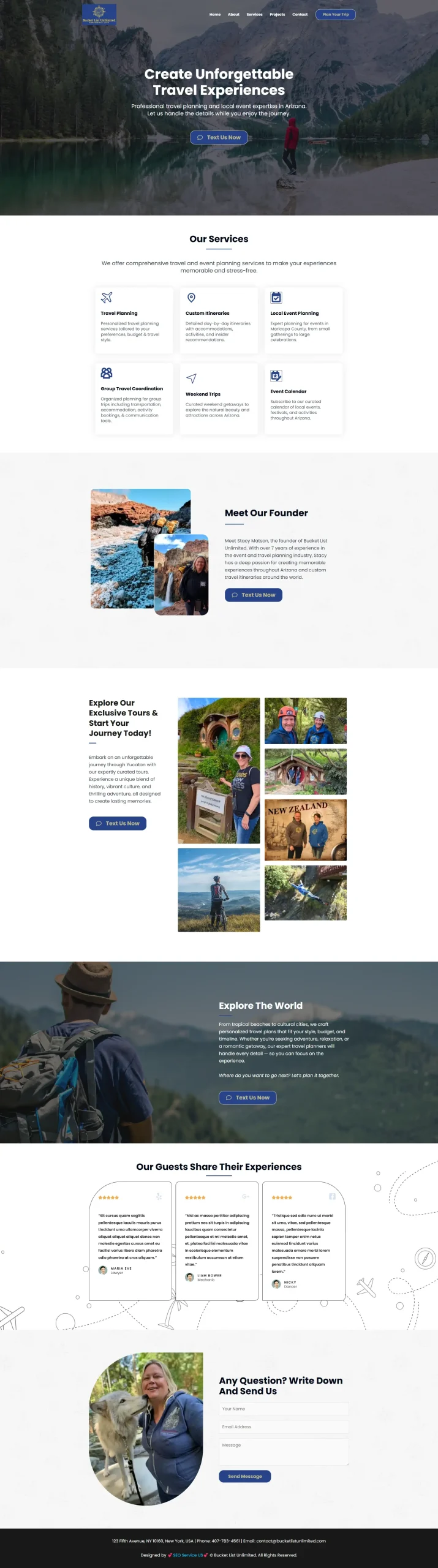 Screenshot of a travel and tour company website designed by SEO Service US, featuring services, founder bio, and tour photos