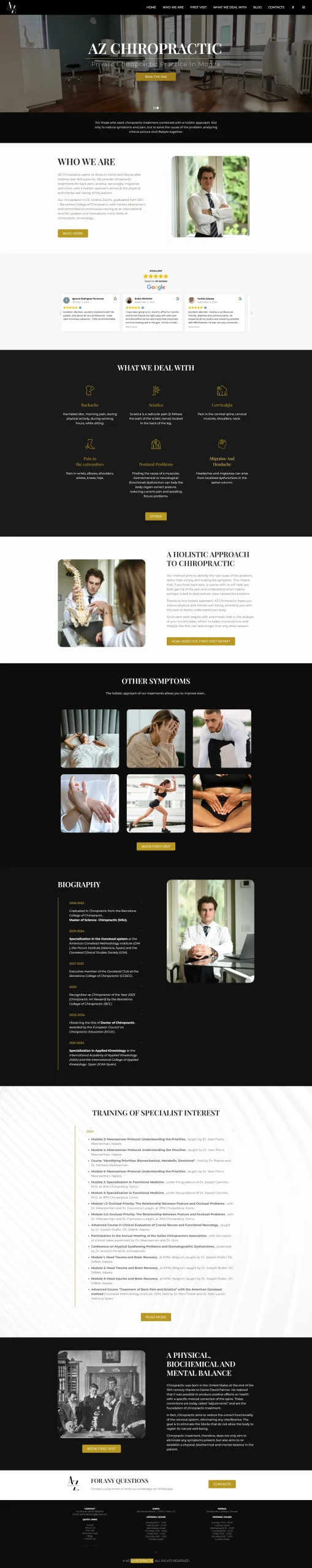 Screenshot of AZ Chiropractic homepage showing modern chiropractic clinic design with services, reviews, and practitioner biography.