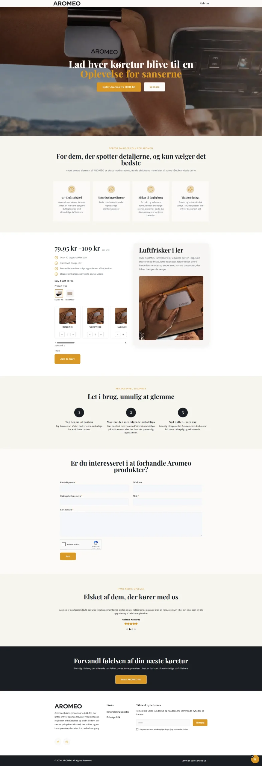 Aromeo Danish car air freshener website showcasing premium scents and interior car fragrance products